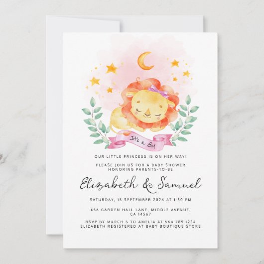 リトルライオンその女の子の水色ピンクの赤ちゃんシャワー 招待状 (正面)