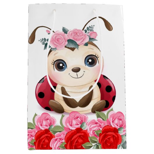 リトルラディバグ赤ピンクフローラガールベビーシャワー ミディアムペーパーバッグ (正面)