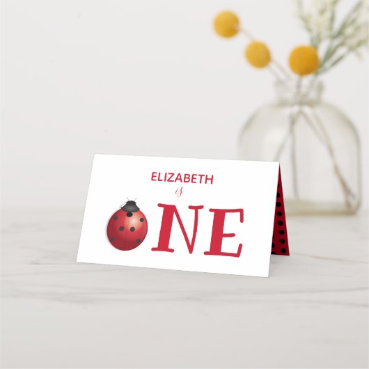 リトルラディバグ1つ最初の誕生日赤い黒のドット プレイスカード (裏面)