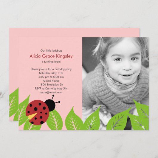 リトルラディブグ誕生日フォト招待状-ピンク 招待状 (正面/裏面)