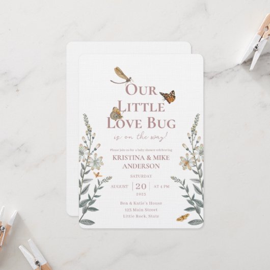 リトルラブバグQRコードベビーシャワー招待状 招待状 (正面/裏面インサイチュ)