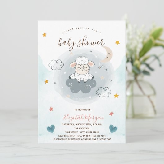 リトルラムシープクラウドムーンスターベビーシャワー 招待状 (スタンド正面)