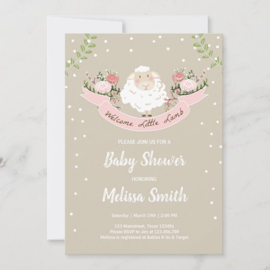 リトルラムベビーシャワー招待状ピンク春 招待状 (正面)