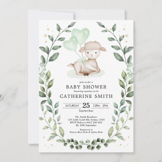 リトルラムユーカリプトゥスグリーンリーリースベビーシャワー 招待状 (正面)