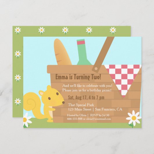 リトルリスパークピクニック子供の誕生日パーティー 招待状 (正面/裏面)