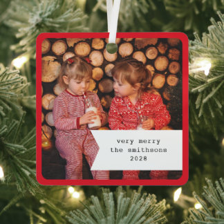 リトルリボン レッドチェック柄 クリスマス 写真 メタルオーナメント