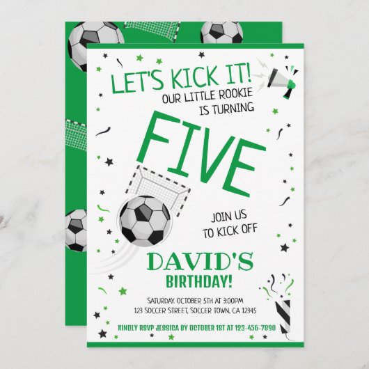 リトルルーキーそれを蹴ろう緑のサッカー誕生日 招待状 (正面/裏面)
