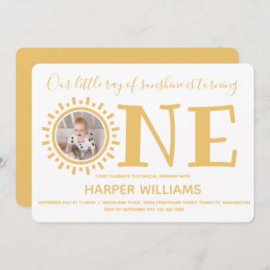 リトルレイオブサンシャインフォトベビーファースト誕生日 招待状 (正面/裏面)