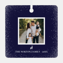 リトルレインディア シンプルスノーフレーク フォト ネイビーブルー メタルオーナメント