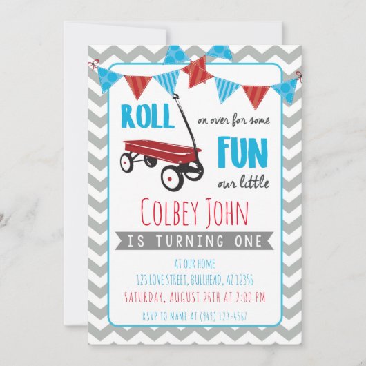 リトルレッドワゴンボーイの最初の誕生日グレーシェブロン 招待状 (正面)