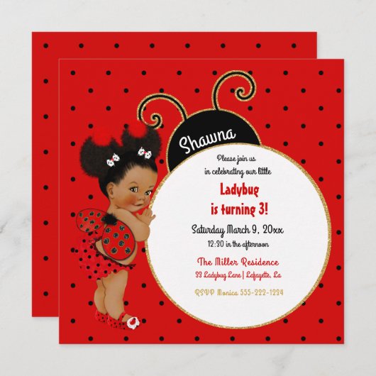 リトルレディバグアフリカンアメリカン・ガール・レッド・ブラック 招待状 (正面/裏面)