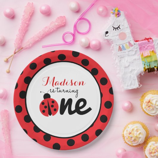 リトルレディラディバグファースト誕生日水玉模様 ペーパープレート (パーティー)