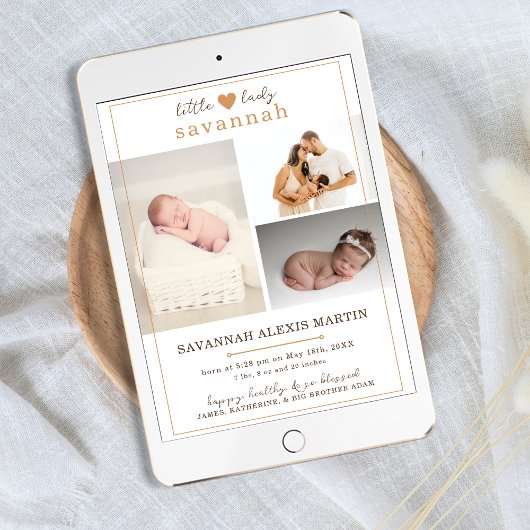 リトルレディーベビーガールフォトコラージュ誕生 案内状