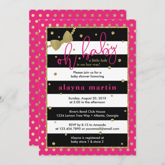 リトルレディーベビーシャワー招待状フェイク、金ゴールド 招待状 (正面/裏面)