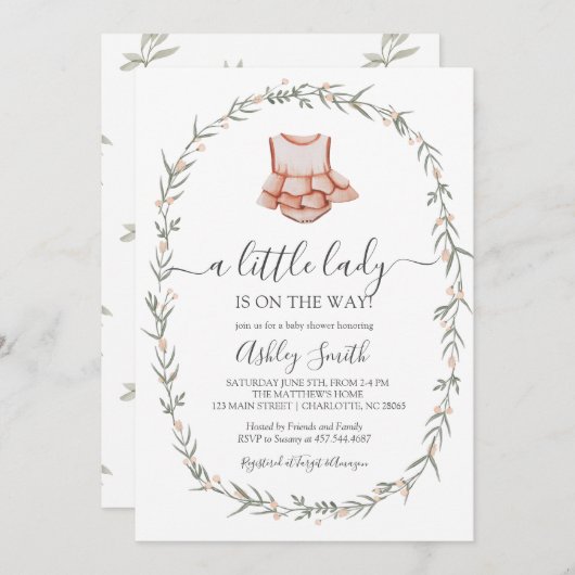 リトルレディーベビーシャワー招待状、ベビードレス 招待状 (正面/裏面)