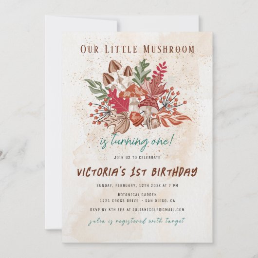 リトルワイルドフォレストマッシュルーム写真ファースト誕生日 招待状 (正面)