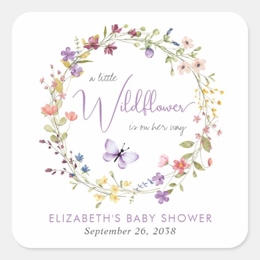 リトルワイルドフラワーウォーターカラーベビーガールシャワー スクエアシール (正面)