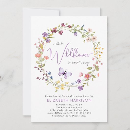 リトルワイルドフラワーウォーターカラーベビーガールシャワー 招待状 (正面)