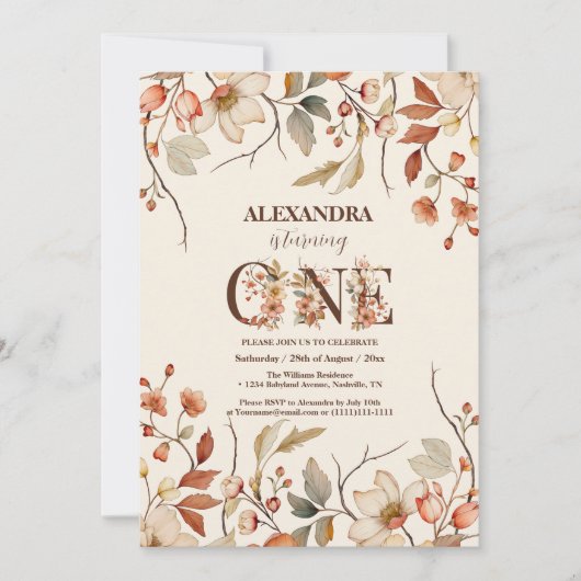 リトルワイルドフラワーエステティックガールの1歳の誕生日 招待状 (正面)