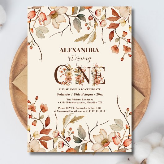 リトルワイルドフラワーエステティックガールの1歳の誕生日 招待状