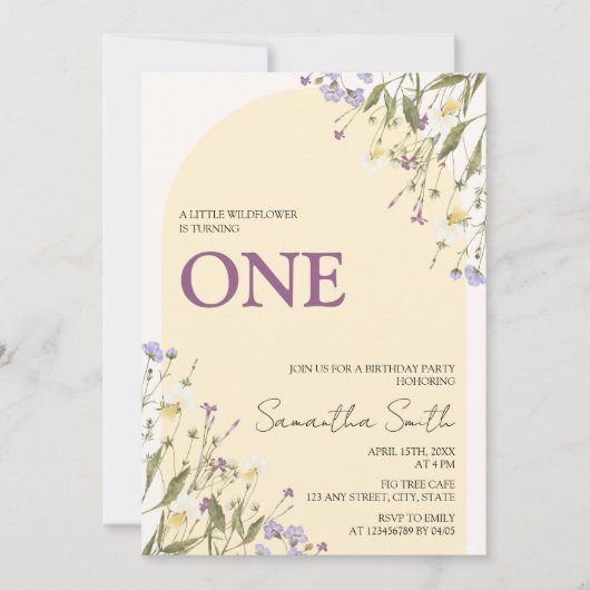 リトルワイルドフラワーエステティックガールの1歳の誕生日 招待状 (正面)