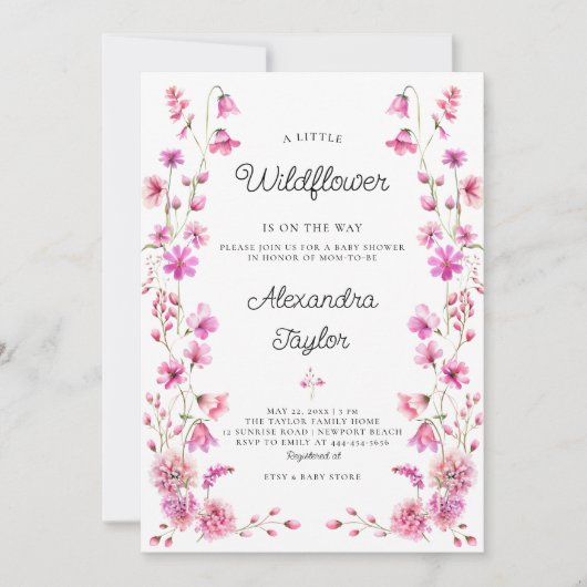 リトルワイルドフラワーガーデンホットピンク赤ちゃん女の子シャワー 招待状 (正面)