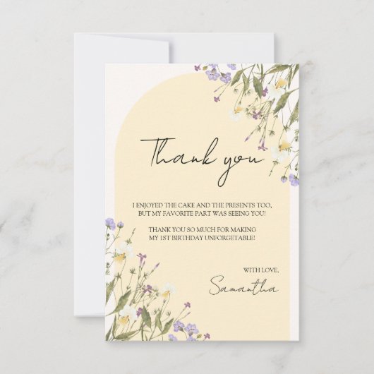 リトルワイルドフラワーガールの最初の誕生日の美学 サンキューカード (正面)