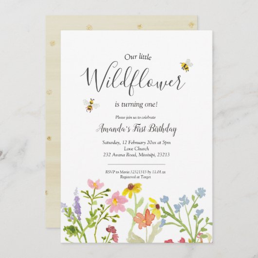 リトルワイルドフラワーガールの誕生日の招待 招待状 (正面/裏面)