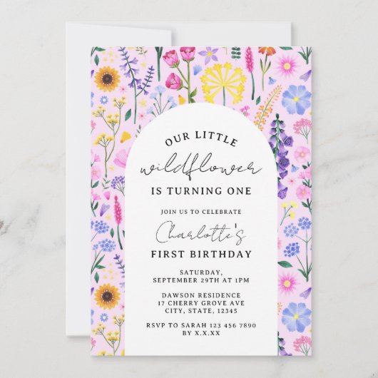 リトルワイルドフラワーガールファースト誕生日ピンク写真 招待状 (正面)