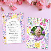 リトルワイルドフラワーガールファースト誕生日ピンク写真 招待状