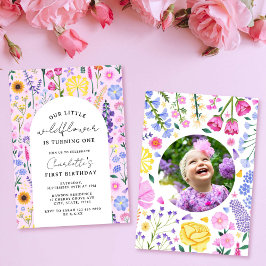 リトルワイルドフラワーガールファースト誕生日ピンク写真 招待状