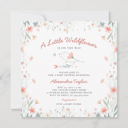 リトルワイルドフラワーサンゴティール（緑がかった色）かわいい女の子ベビーシャワー 招待状 (正面)