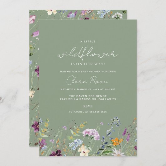 リトルワイルドフラワーセージ花赤ちゃんシャワー 招待状 (正面/裏面)