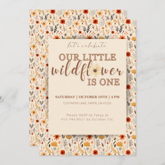 リトルワイルドフラワーターニングワン誕生日招待状 招待状 (正面/裏面)