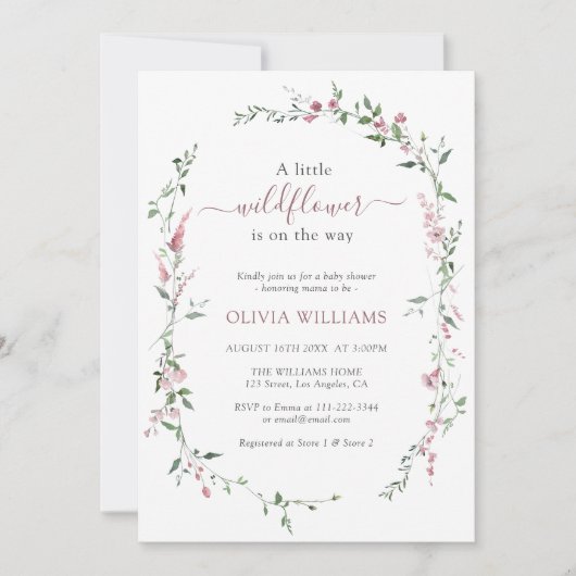 リトルワイルドフラワーダスティバラピンクガール赤ちゃんシャワー 招待状 (正面)