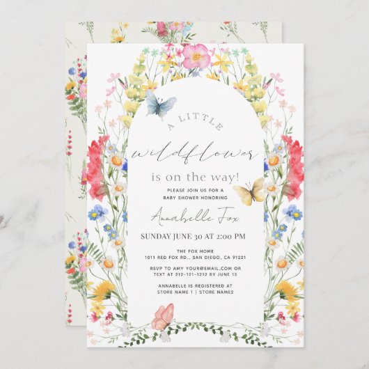リトルワイルドフラワーバタフライアーチガールベビーシャワー 招待状 (正面/裏面)