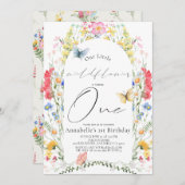 リトルワイルドフラワーバタフライアーチガール1st誕生日 招待状 (正面/裏面)