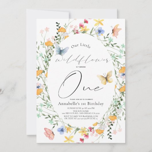 リトルワイルドフラワーバタフライオーバルガール1st誕生日 招待状 (正面)
