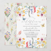 リトルワイルドフラワーバタフライガールベイビーシャワー 招待状 (正面/裏面)