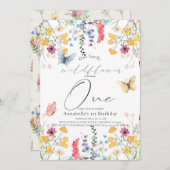 リトルワイルドフラワーバタフライガール1st誕生日 招待状 (正面/裏面)