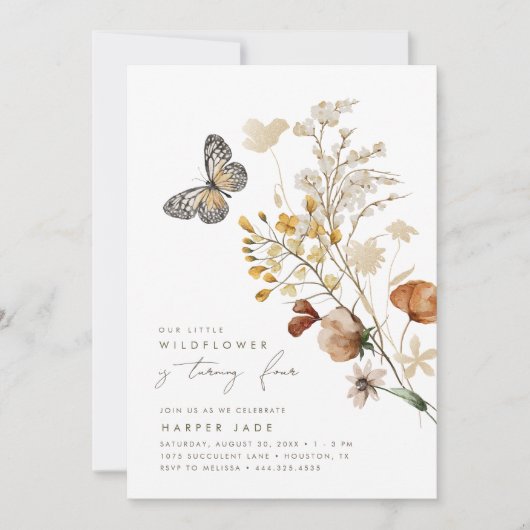 リトルワイルドフラワーバタフライフローラガールズ誕生日 招待状 (正面)