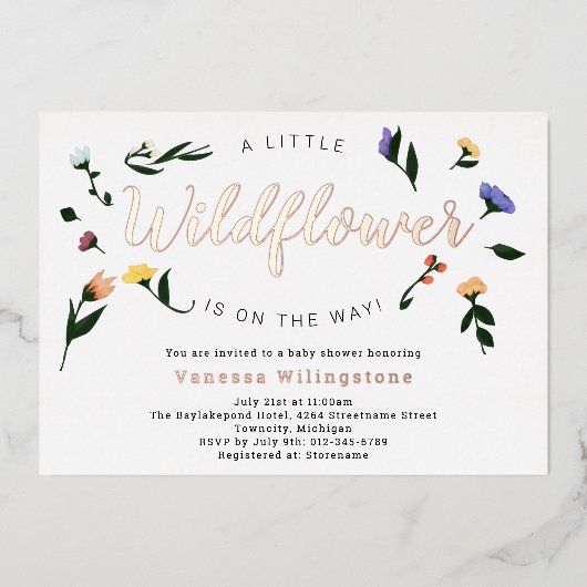 リトルワイルドフラワーバラ金ゴールドフローラベビーシャワー 箔招待状 (正面)