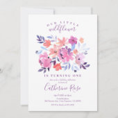 リトルワイルドフラワーパープルフローラガール誕生日 招待状 (正面)