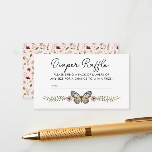 リトルワイルドフラワーピンクおむつラッフルベビーシャワー エンクロージャーカード (正面/裏面インサイチュ)