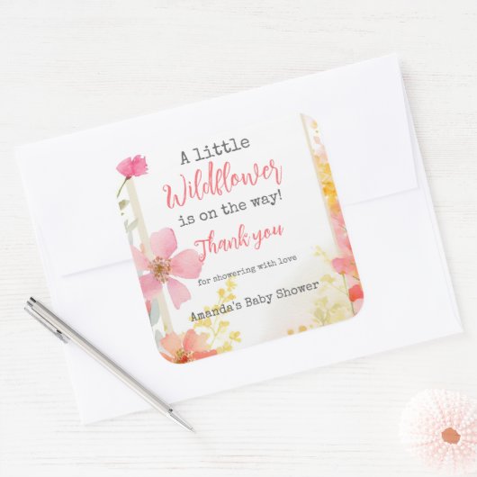 リトルワイルドフラワーピーチフラワーフローラベビーシャワー スクエアシール (封筒)