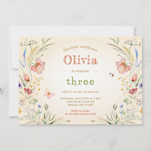 リトルワイルドフラワーフローラガールキッズバースデーパーティー 招待状 (正面)