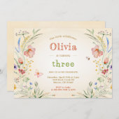 リトルワイルドフラワーフローラガールキッズバースデーパーティー 招待状 (正面/裏面)