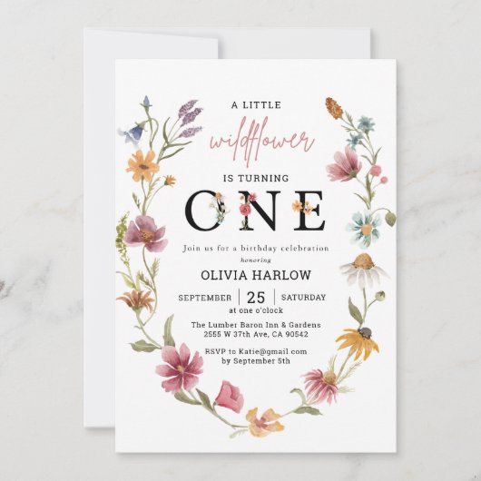 リトルワイルドフラワーフローラガールファースト誕生日 招待状 (正面)