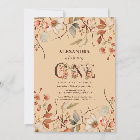 リトルワイルドフラワーフローラガールファースト誕生日 招待状 (正面)