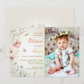 リトルワイルドフラワーフローラベビーガール誕生日写真 招待状 (正面/裏面)